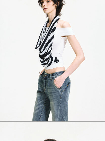 kvkv One Shoulder Striped Draped Neck Wrap Top