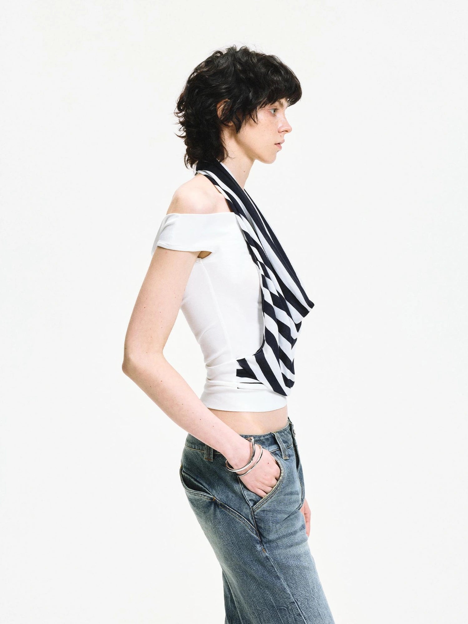 kvkv One Shoulder Striped Draped Neck Wrap Top