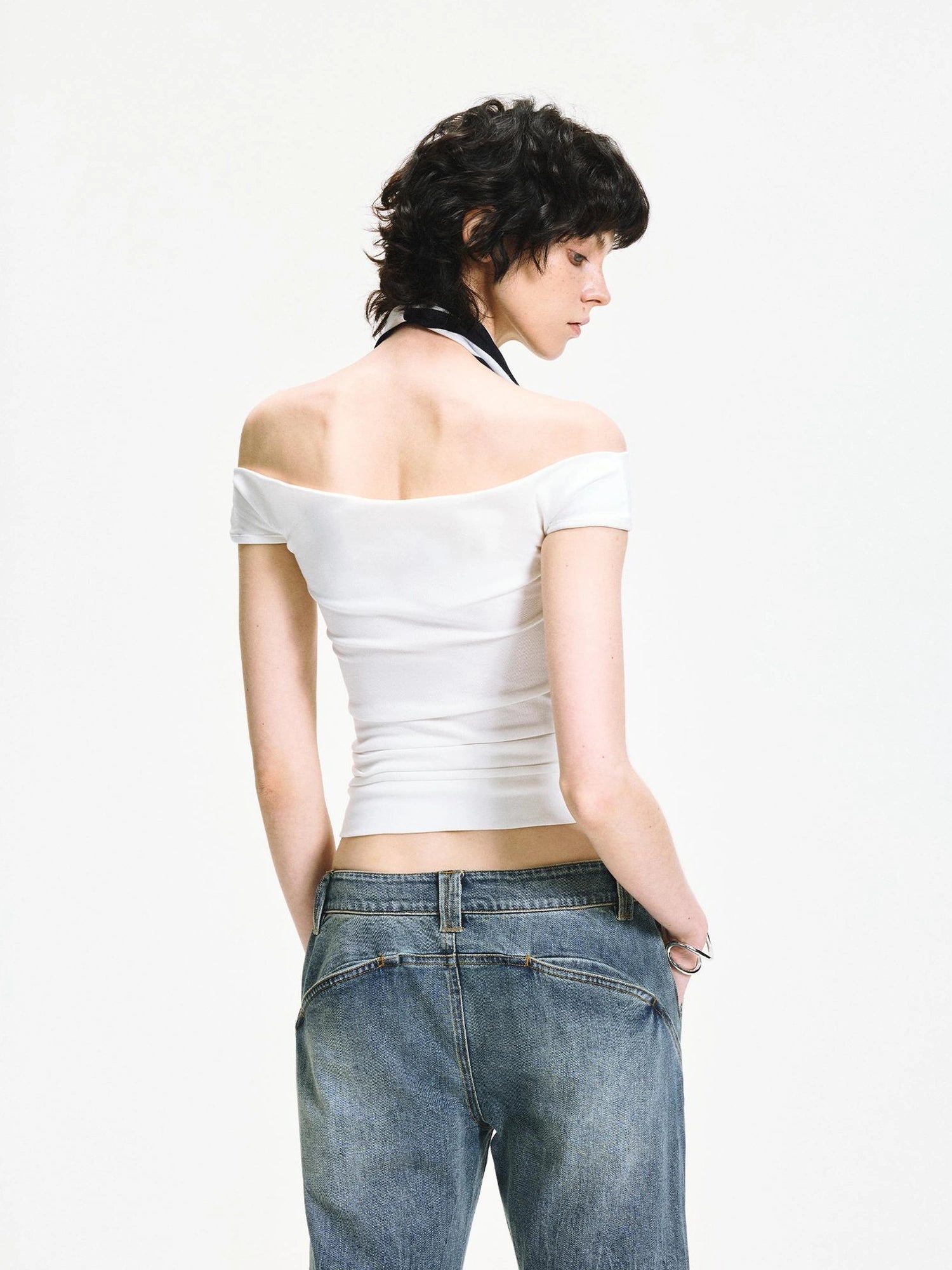 kvkv One Shoulder Striped Draped Neck Wrap Top