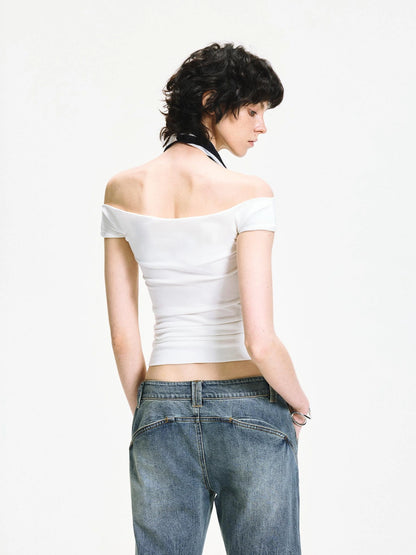 kvkv One Shoulder Striped Draped Neck Wrap Top