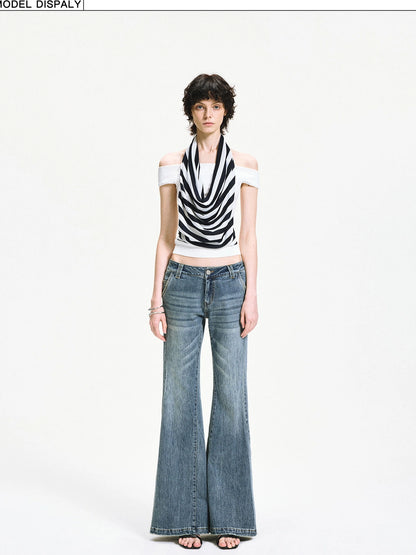 kvkv One Shoulder Striped Draped Neck Wrap Top