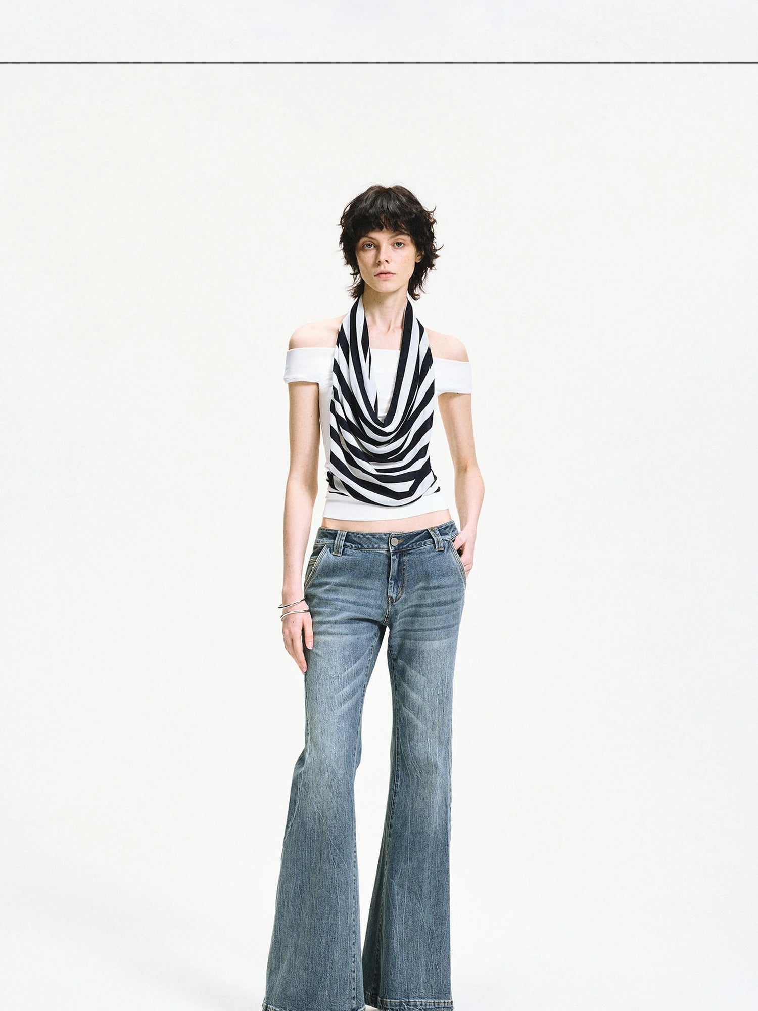 kvkv One Shoulder Striped Draped Neck Wrap Top