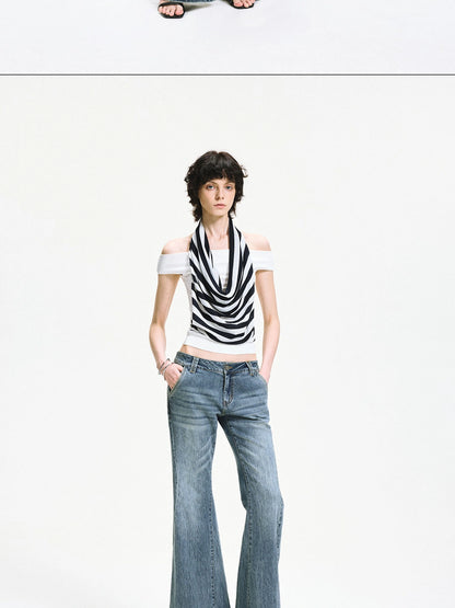 kvkv One Shoulder Striped Draped Neck Wrap Top