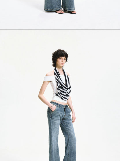 kvkv One Shoulder Striped Draped Neck Wrap Top