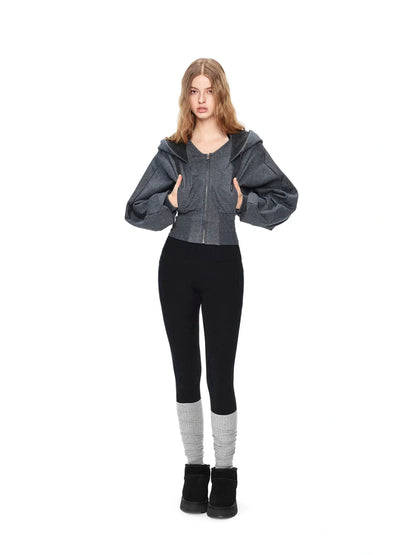 kvkv Oversized Batwing Sleeve Cropped Hoodie With Wide Ribbed Collar