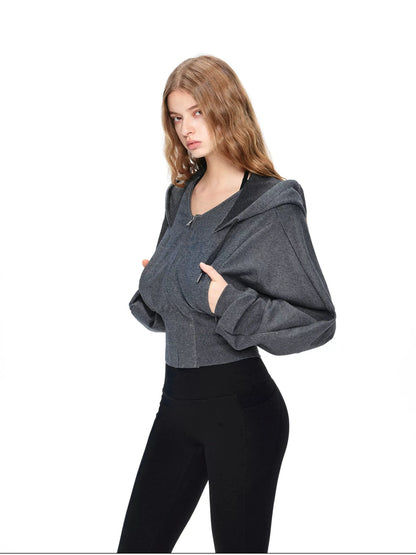 kvkv Oversized Batwing Sleeve Cropped Hoodie With Wide Ribbed Collar