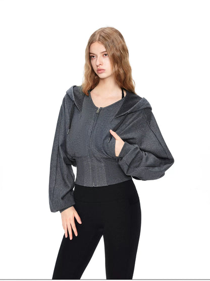 kvkv Oversized Batwing Sleeve Cropped Hoodie With Wide Ribbed Collar