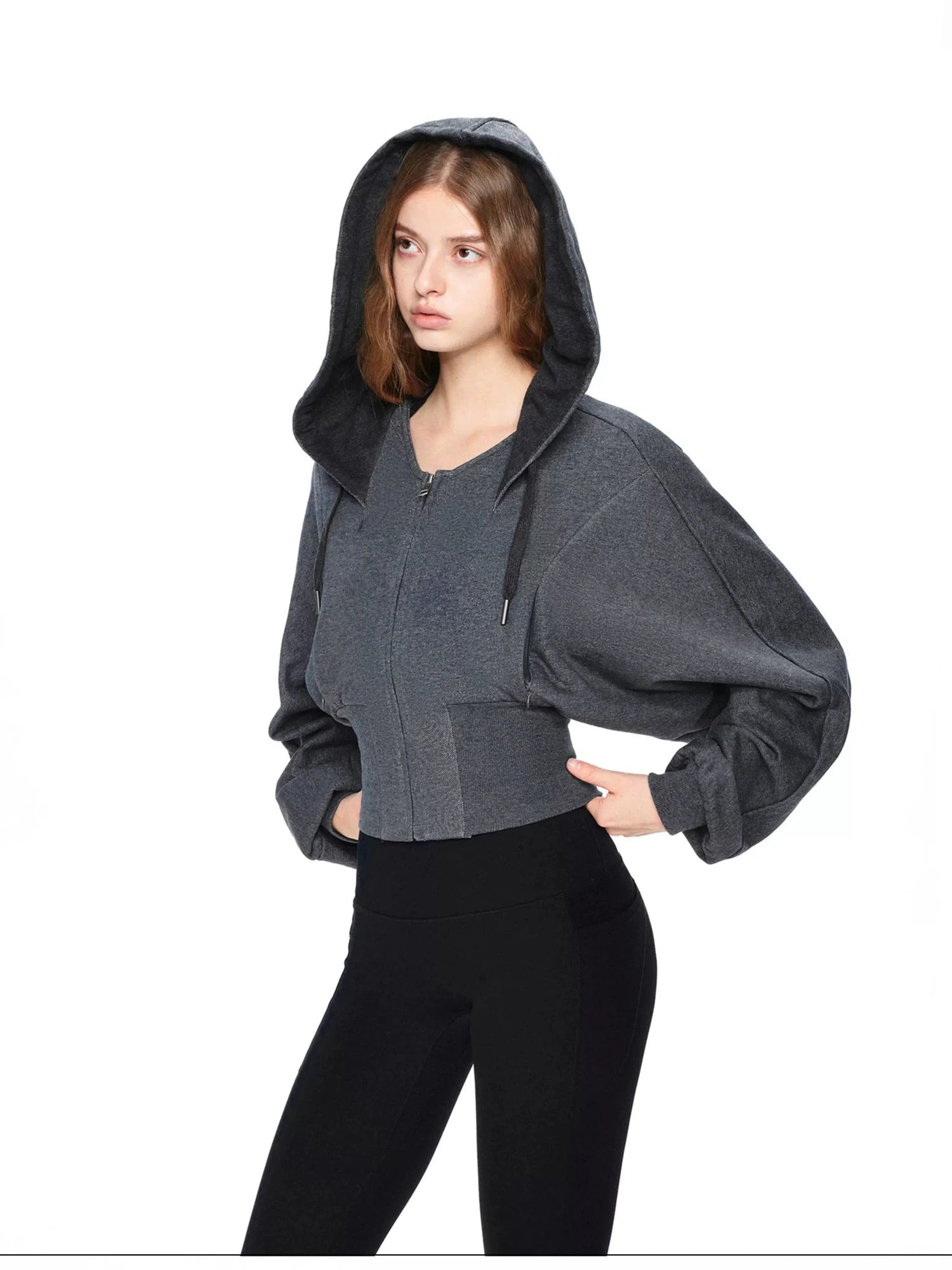kvkv Oversized Batwing Sleeve Cropped Hoodie With Wide Ribbed Collar
