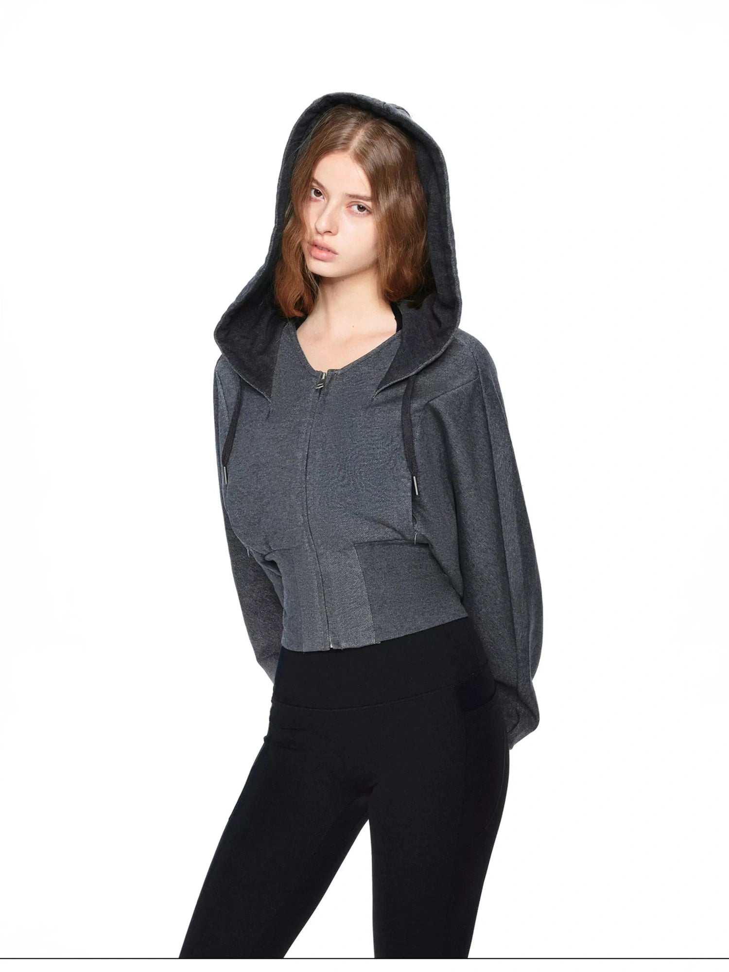 kvkv Oversized Batwing Sleeve Cropped Hoodie With Wide Ribbed Collar