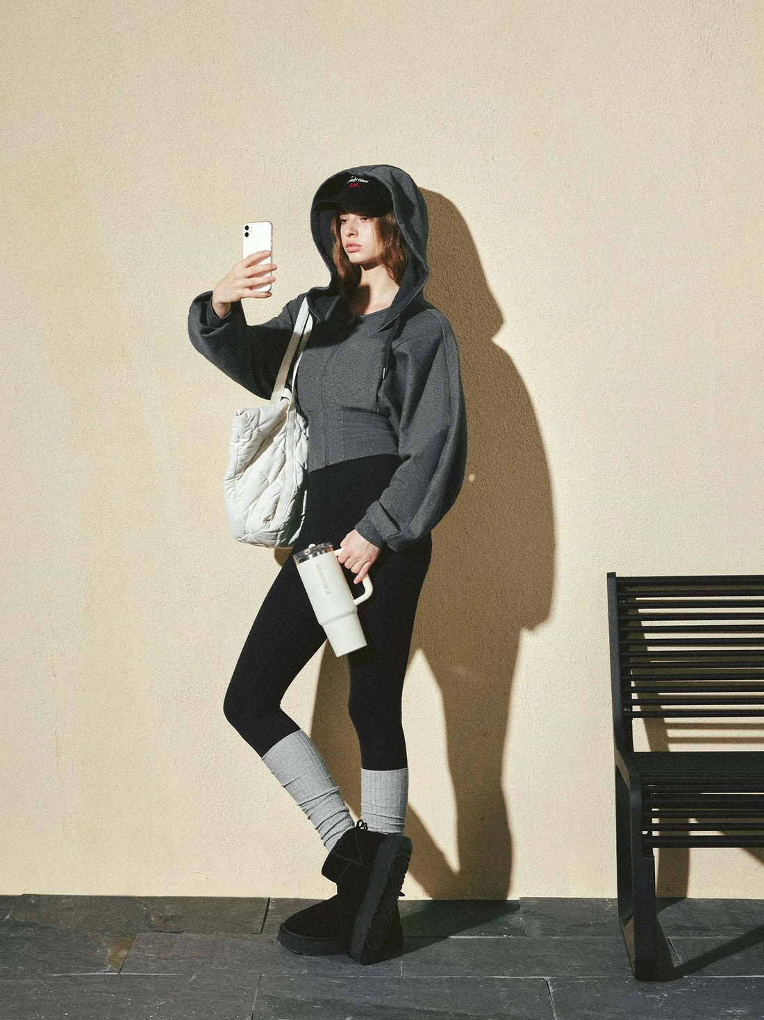kvkv Oversized Batwing Sleeve Cropped Hoodie With Wide Ribbed Collar