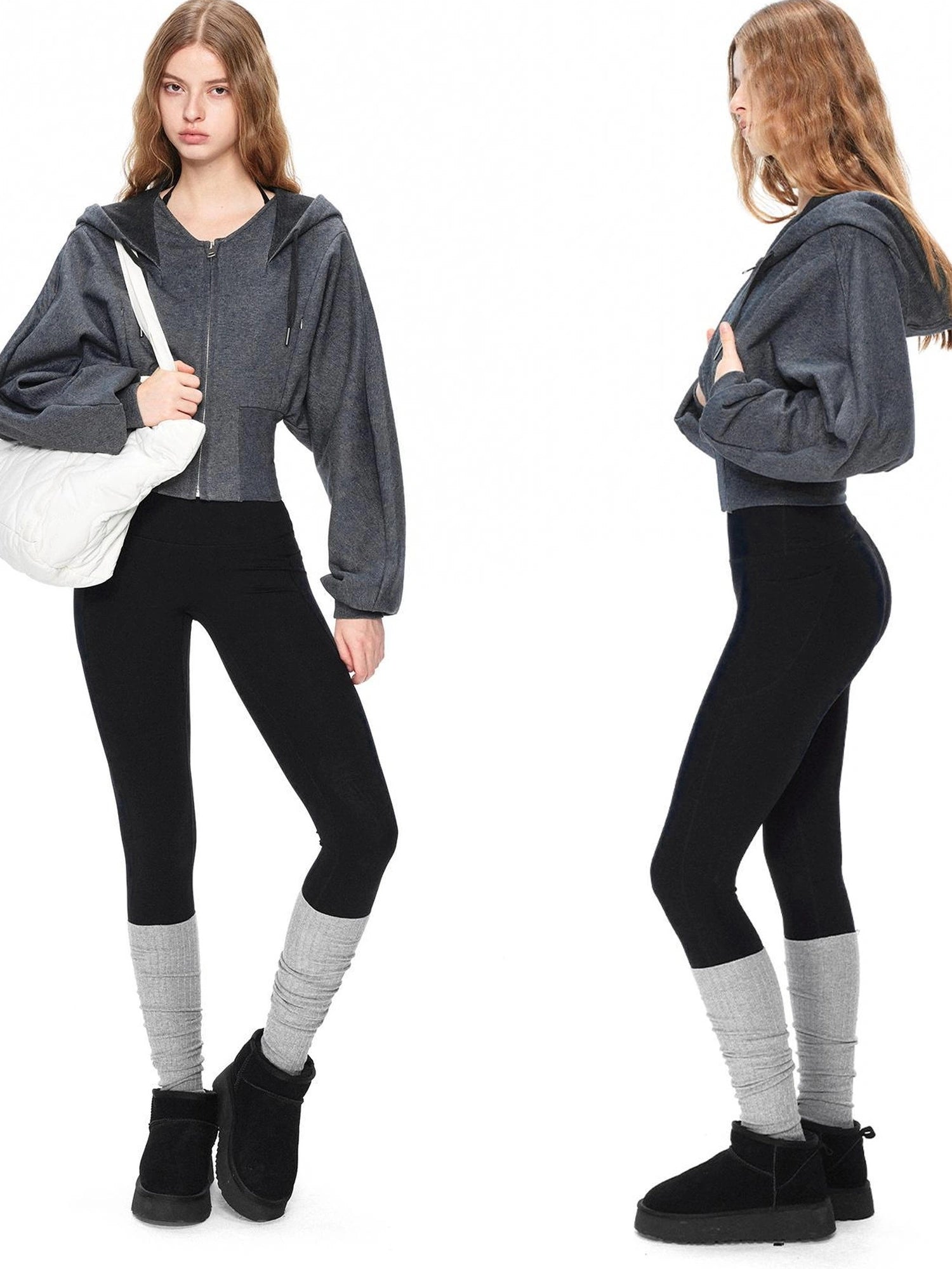 kvkv Oversized Batwing Sleeve Cropped Hoodie With Wide Ribbed Collar