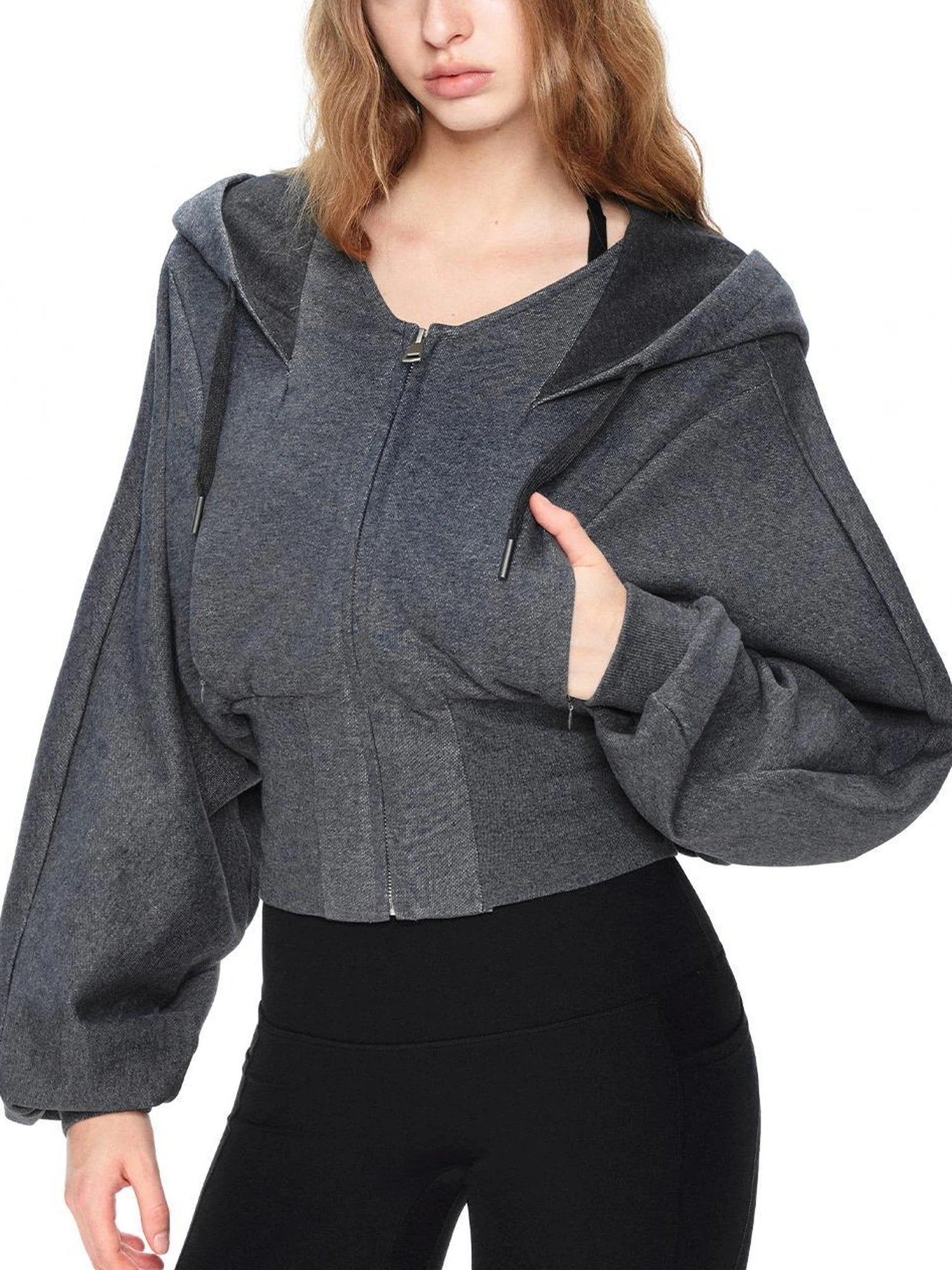 kvkv Oversized Batwing Sleeve Cropped Hoodie With Wide Ribbed Collar