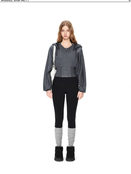 kvkv Oversized Batwing Sleeve Cropped Hoodie With Wide Ribbed Collar