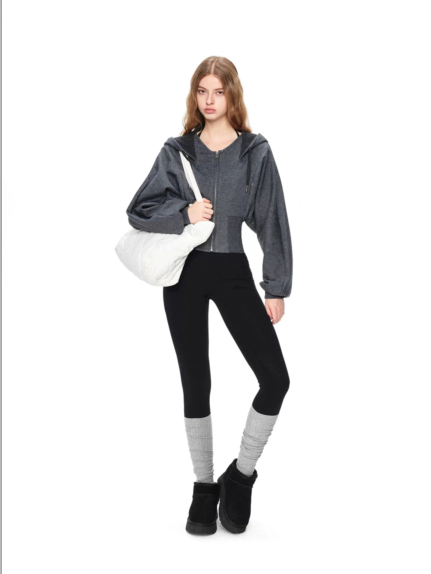 kvkv Oversized Batwing Sleeve Cropped Hoodie With Wide Ribbed Collar