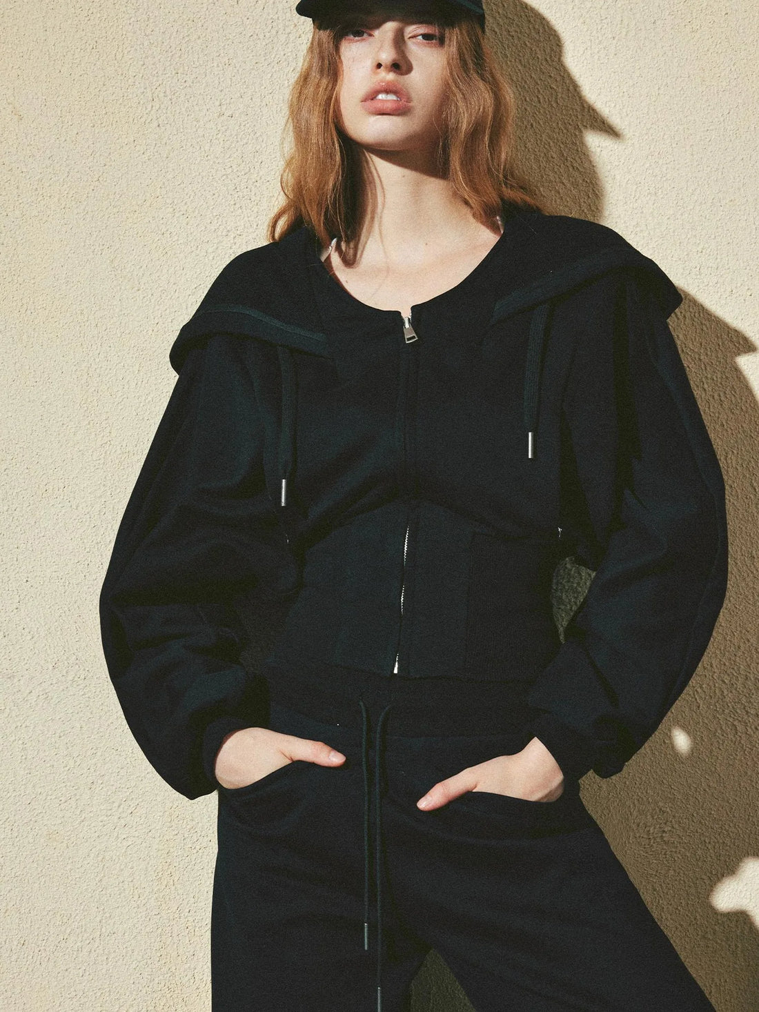 kvkv Oversized Black Ribbed Zip Up Hoodie