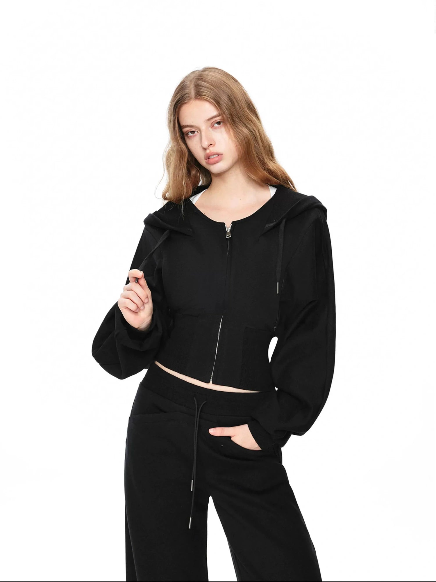 kvkv Oversized Black Ribbed Zip Up Hoodie