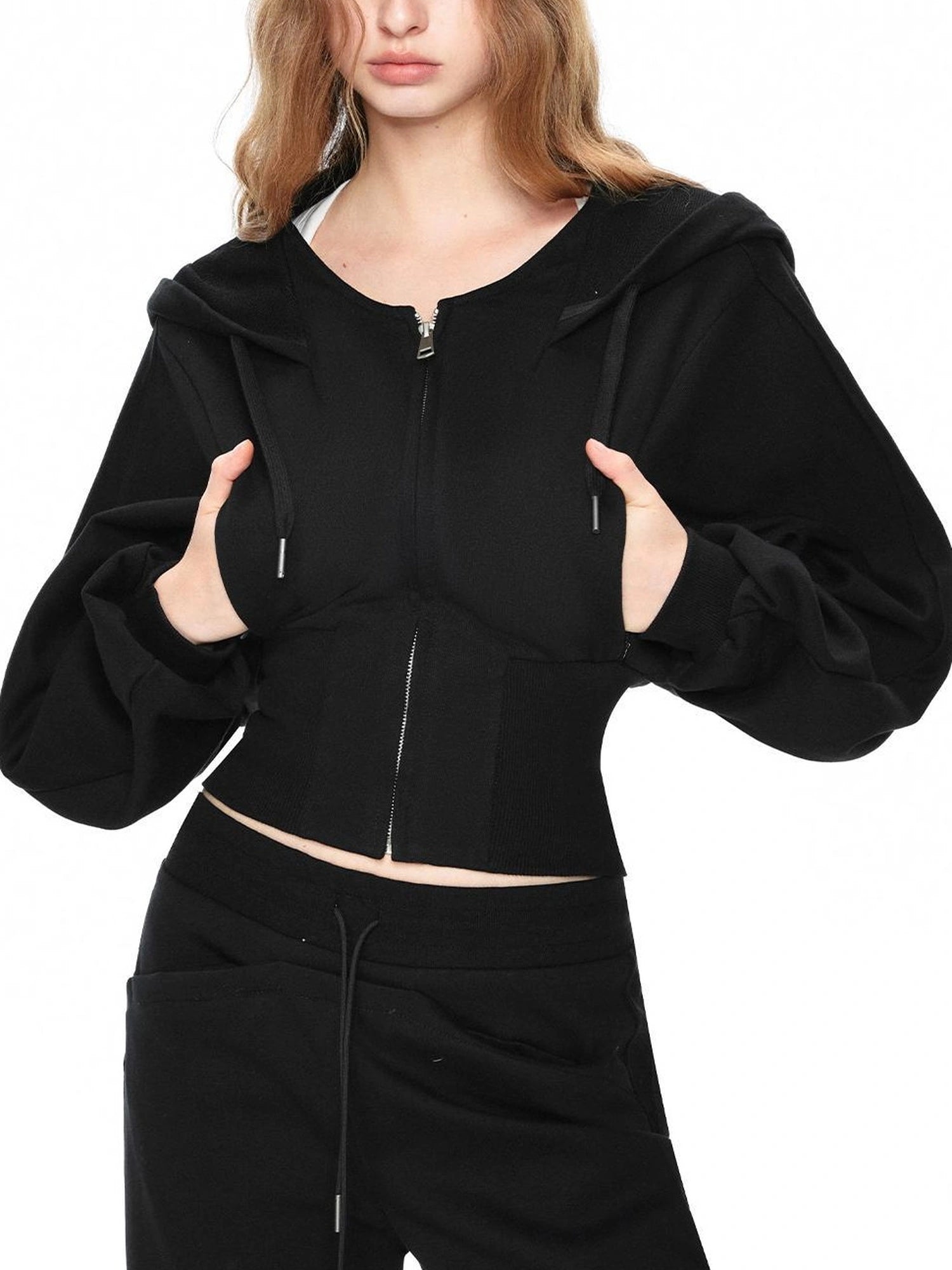 kvkv Oversized Black Ribbed Zip Up Hoodie