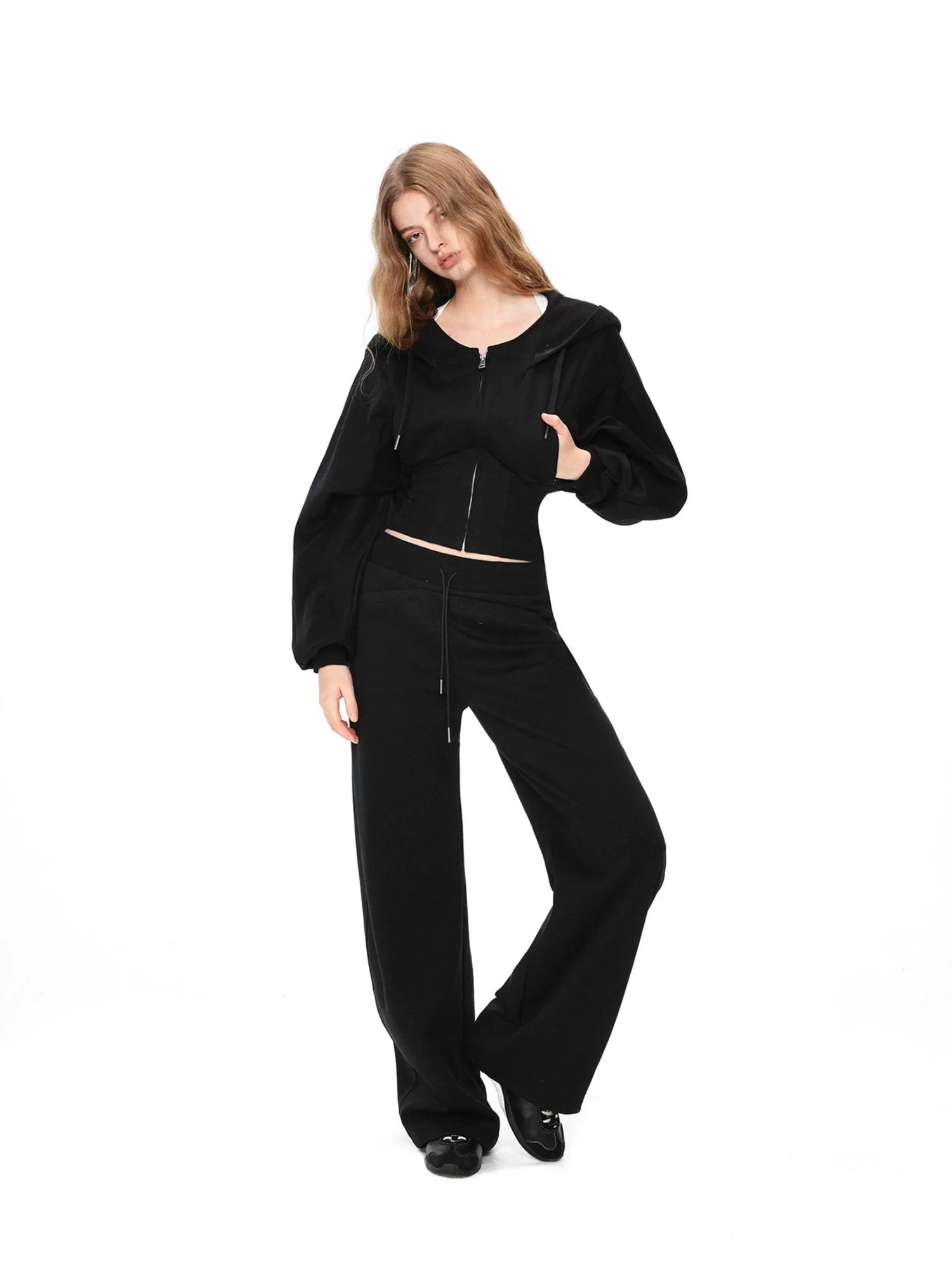kvkv Oversized Black Ribbed Zip Up Hoodie