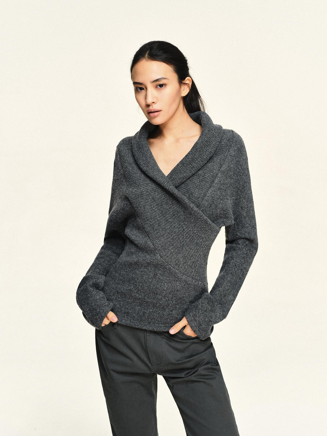 kvkv Oversized Color Blocked Wool Blend Big Lapel Long Sleeve Women&