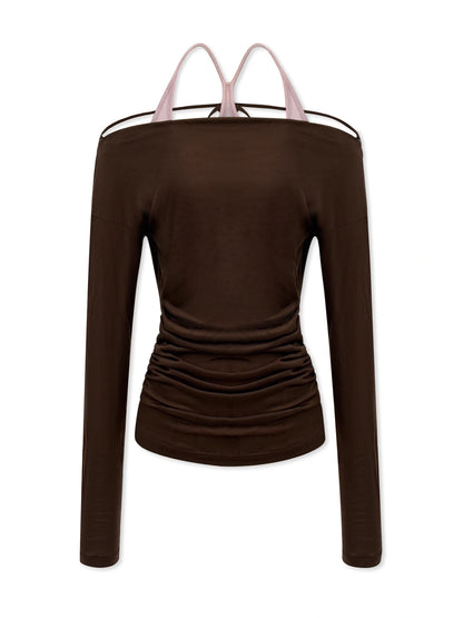 kvkv_Pink_Brown_Backless_Knit_Tie_Up_Long_Sleeve_Two_Piece_Top_MISSTT