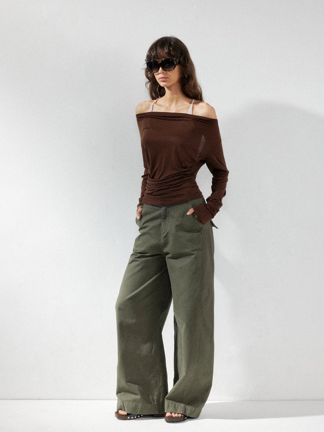 kvkv Pink Brown Backless Knit Tie Up Long Sleeve Two Piece Top