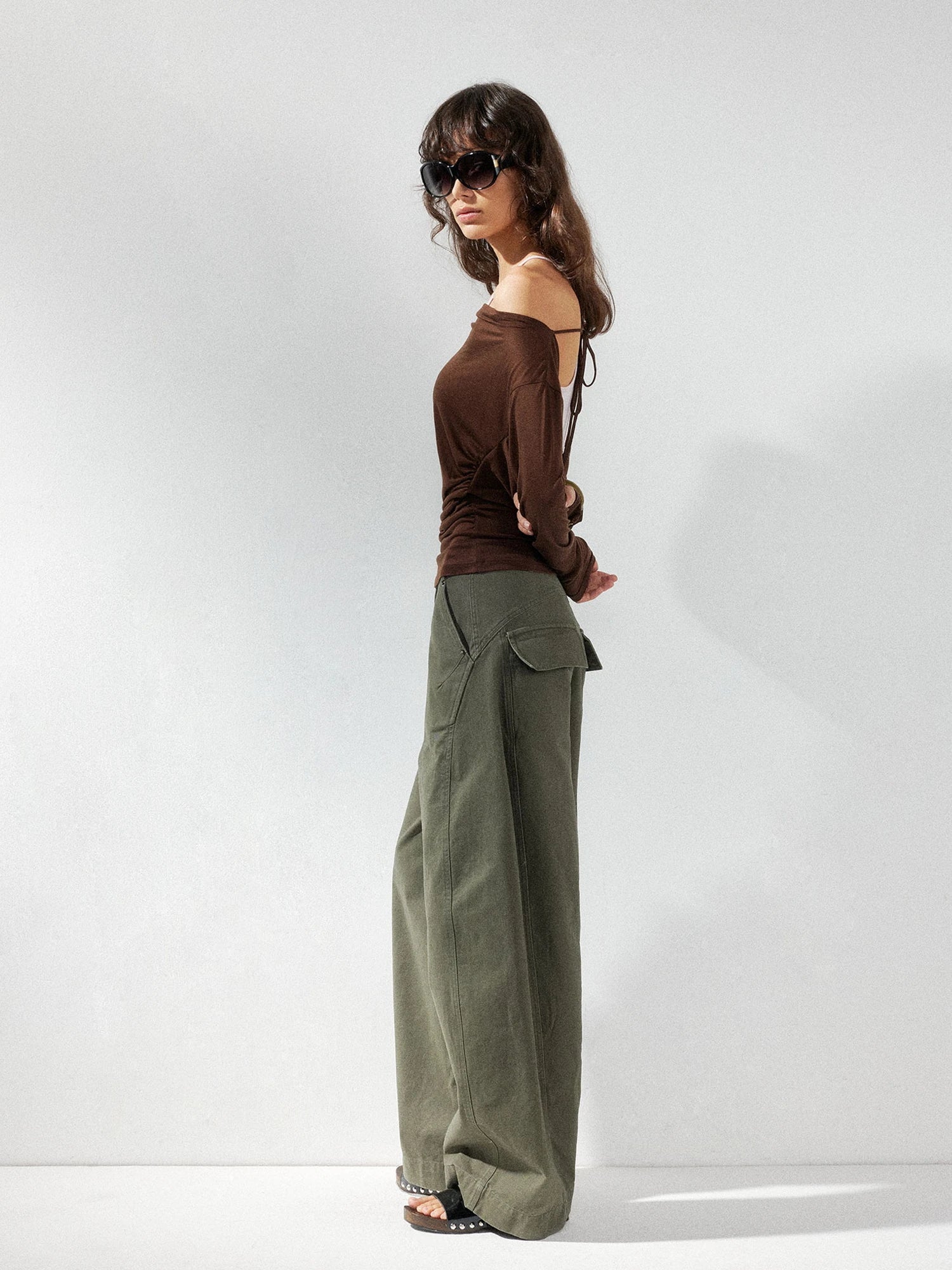 kvkv Pink Brown Backless Knit Tie Up Long Sleeve Two Piece Top