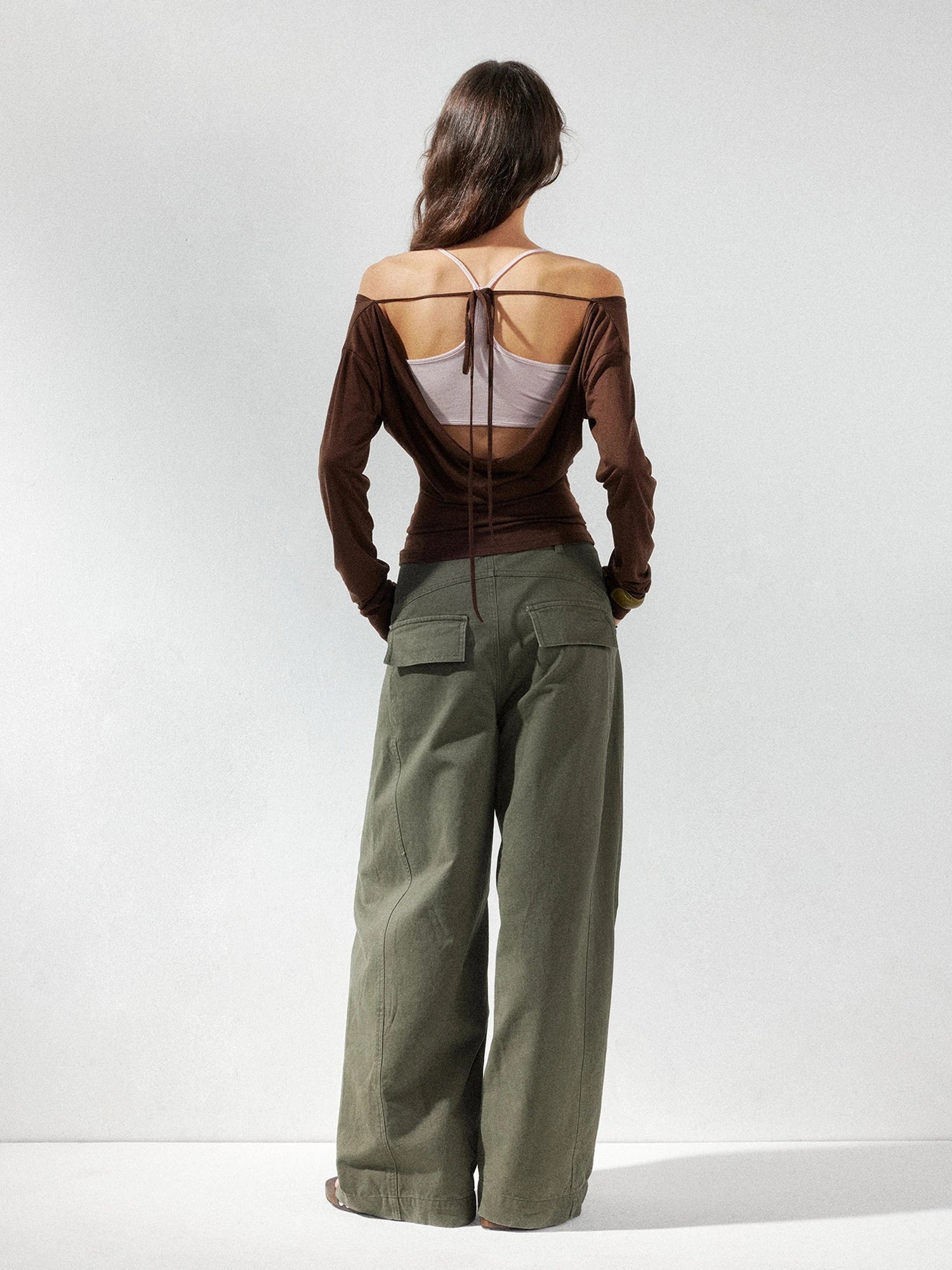 kvkv Pink Brown Backless Knit Tie Up Long Sleeve Two Piece Top