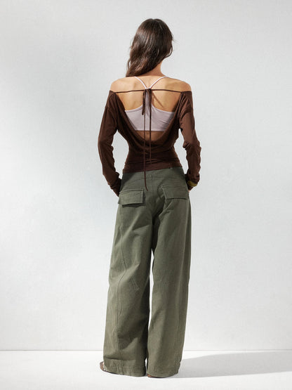 kvkv Pink Brown Backless Knit Tie Up Long Sleeve Two Piece Top