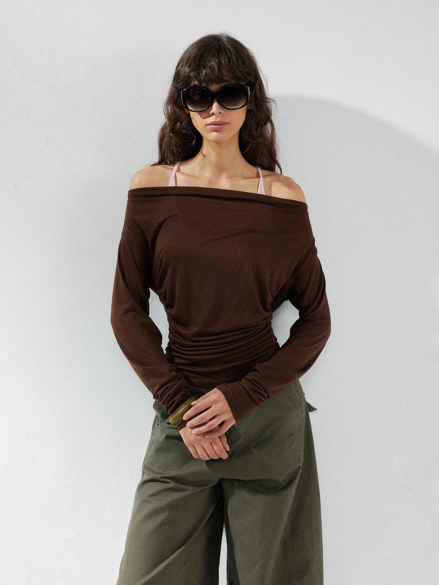 kvkv Pink Brown Backless Knit Tie Up Long Sleeve Two Piece Top