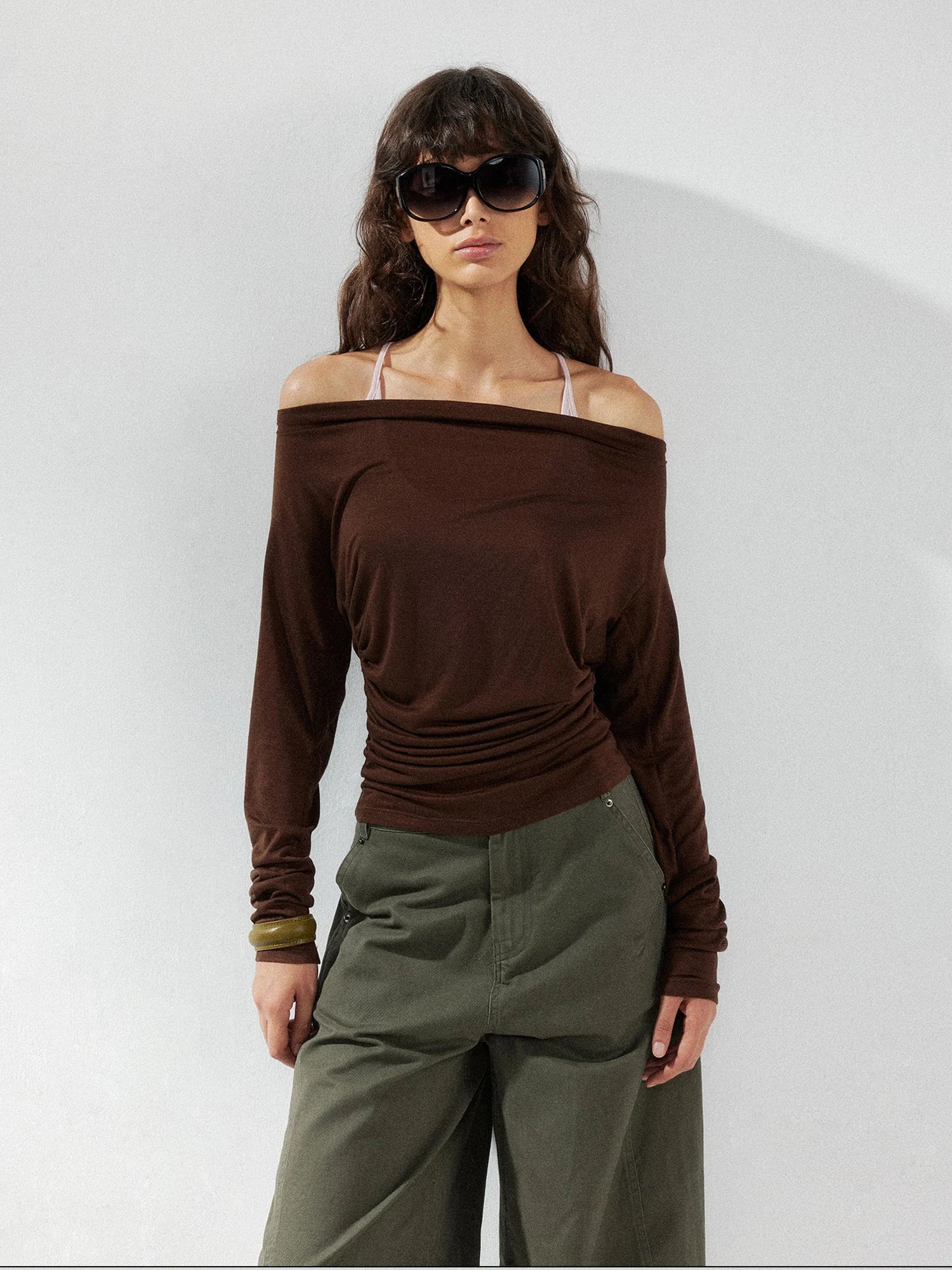 kvkv Pink Brown Backless Knit Tie Up Long Sleeve Two Piece Top