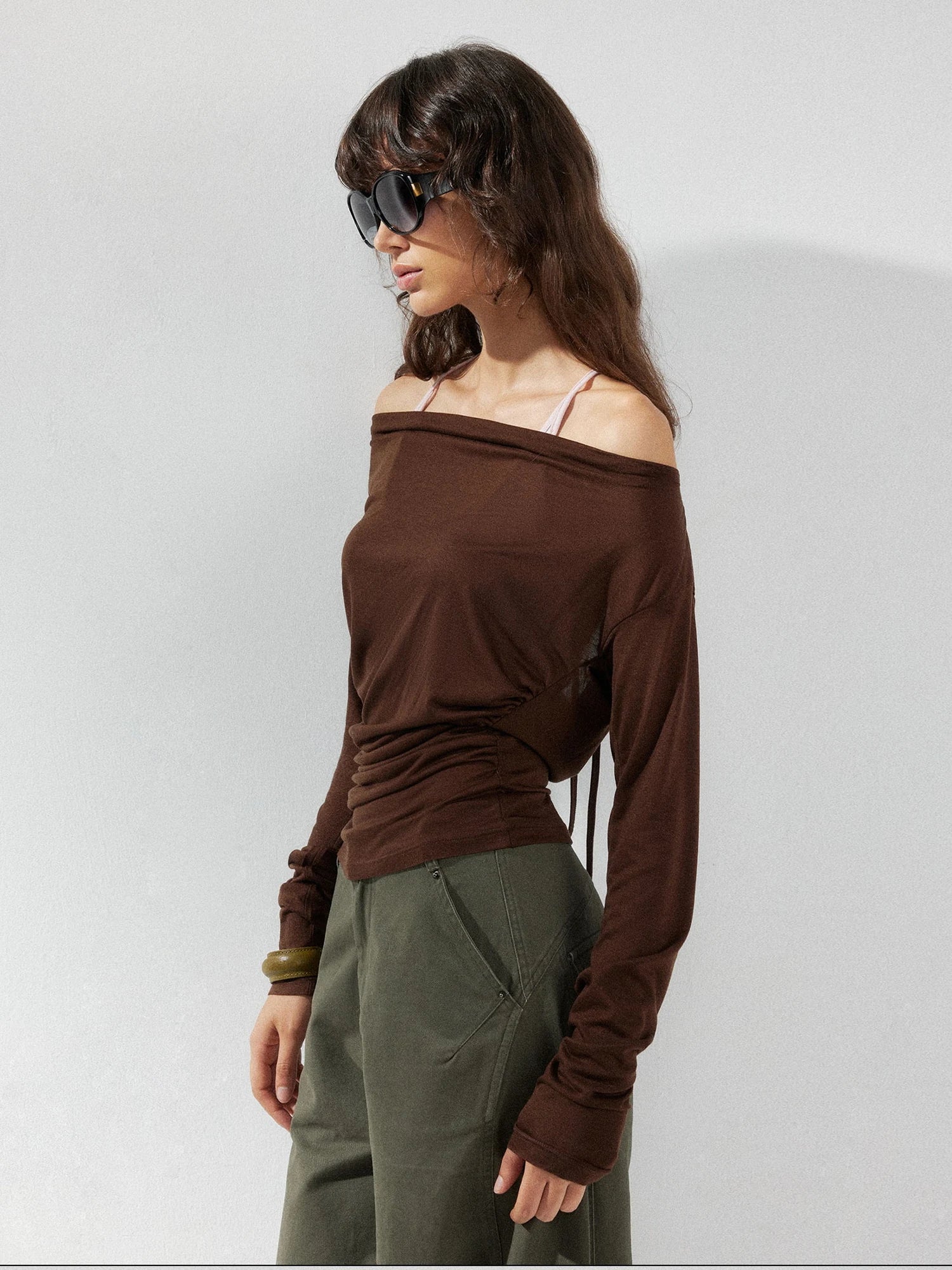 kvkv Pink Brown Backless Knit Tie Up Long Sleeve Two Piece Top