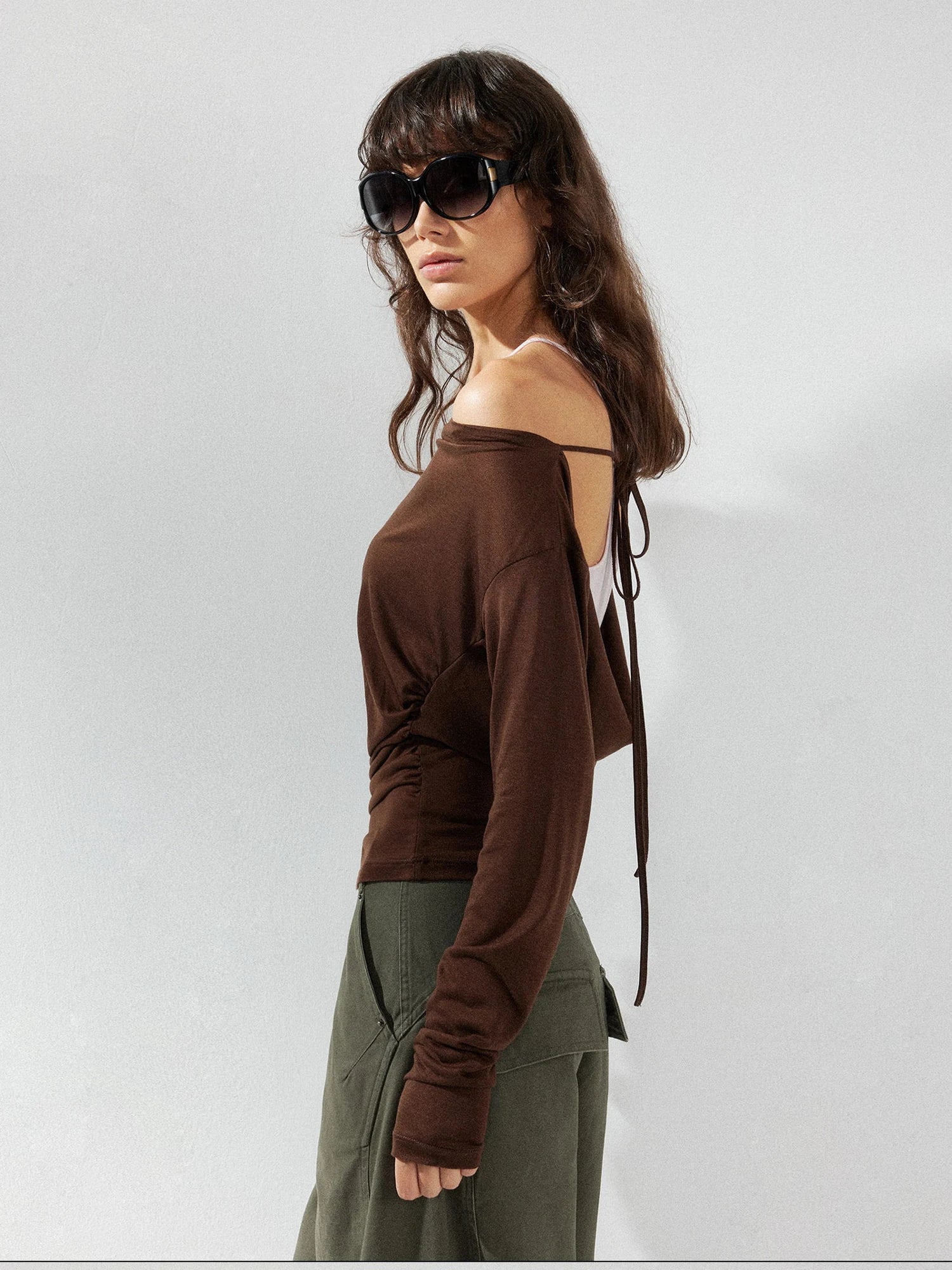 kvkv Pink Brown Backless Knit Tie Up Long Sleeve Two Piece Top