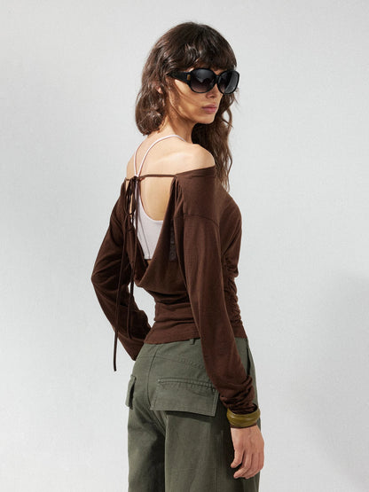 kvkv Pink Brown Backless Knit Tie Up Long Sleeve Two Piece Top