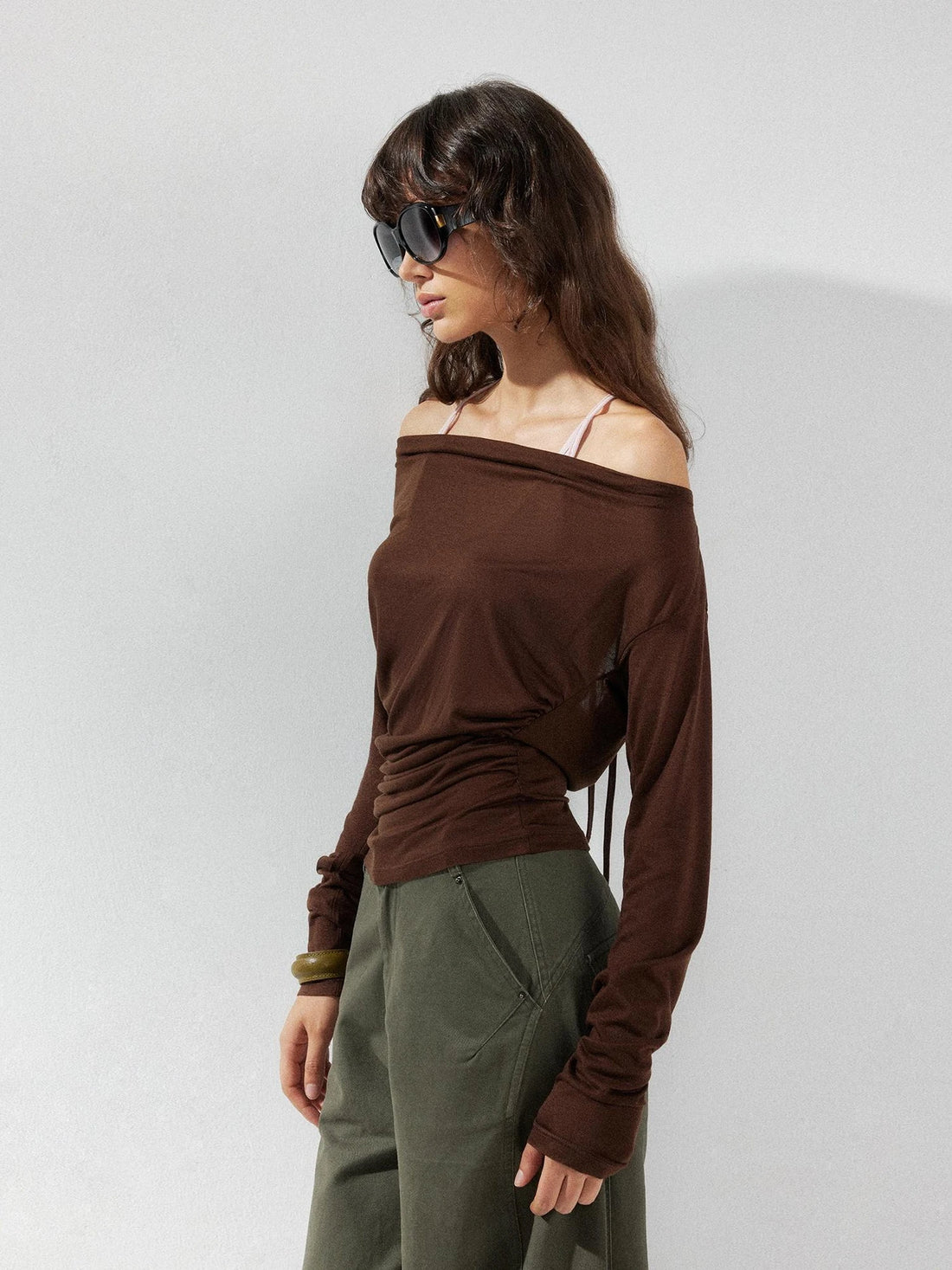 kvkv Pink Brown Backless Knit Tie Up Long Sleeve Two Piece Top