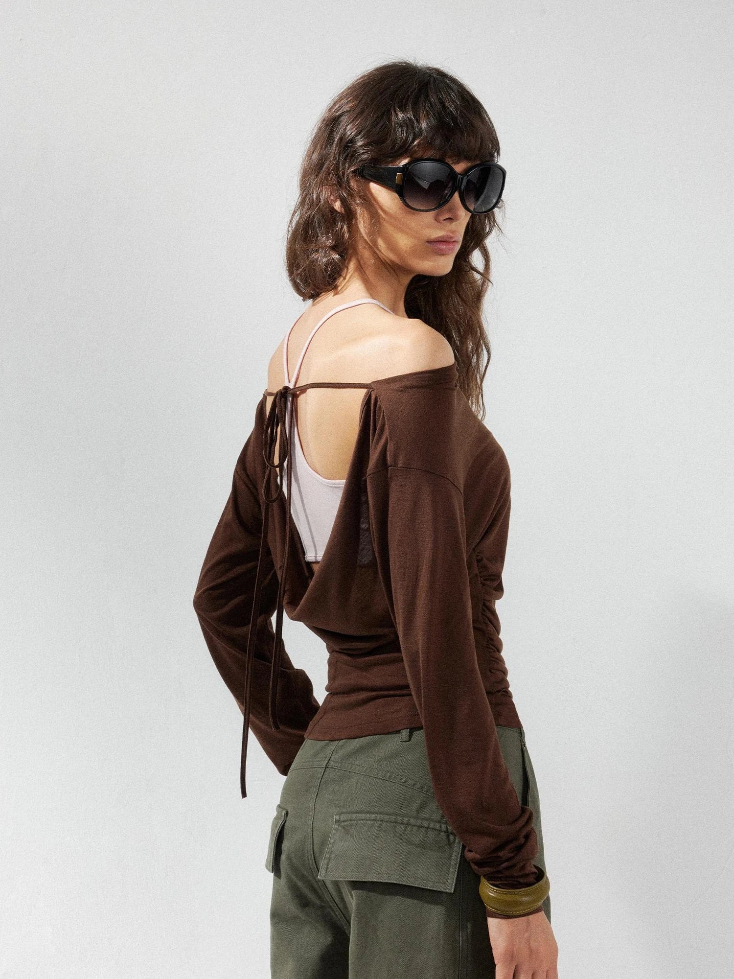 kvkv Pink Brown Backless Knit Tie Up Long Sleeve Two Piece Top