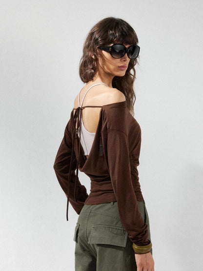 kvkv Pink Brown Backless Knit Tie Up Long Sleeve Two Piece Top