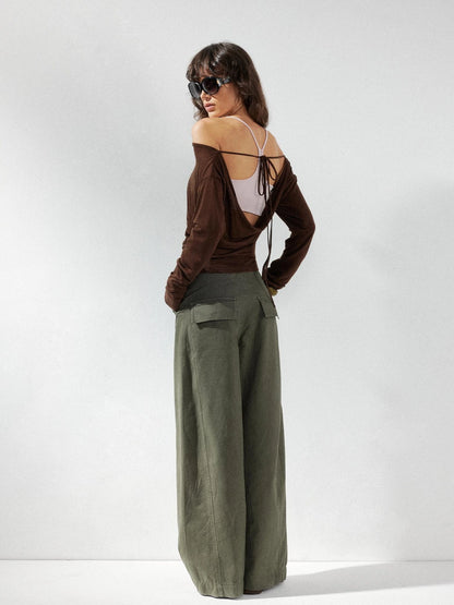 kvkv Pink Brown Backless Knit Tie Up Long Sleeve Two Piece Top