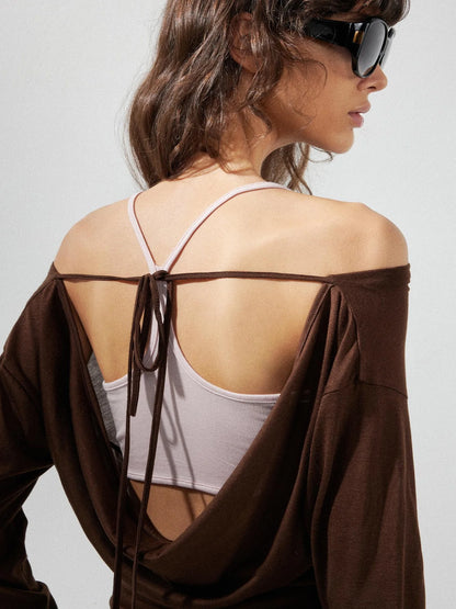 kvkv Pink Brown Backless Knit Tie Up Long Sleeve Two Piece Top