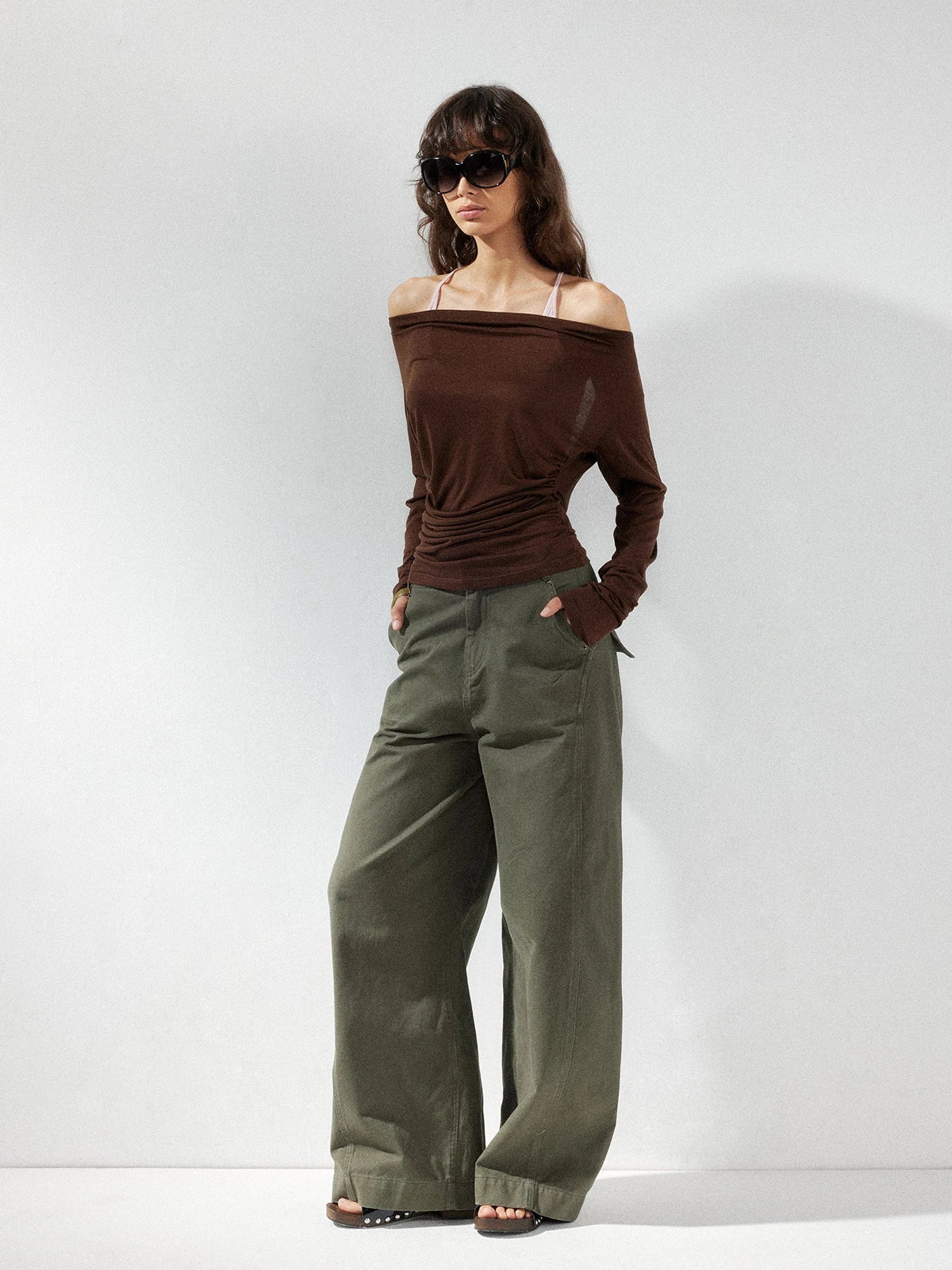 kvkv Pink Brown Backless Knit Tie Up Long Sleeve Two Piece Top