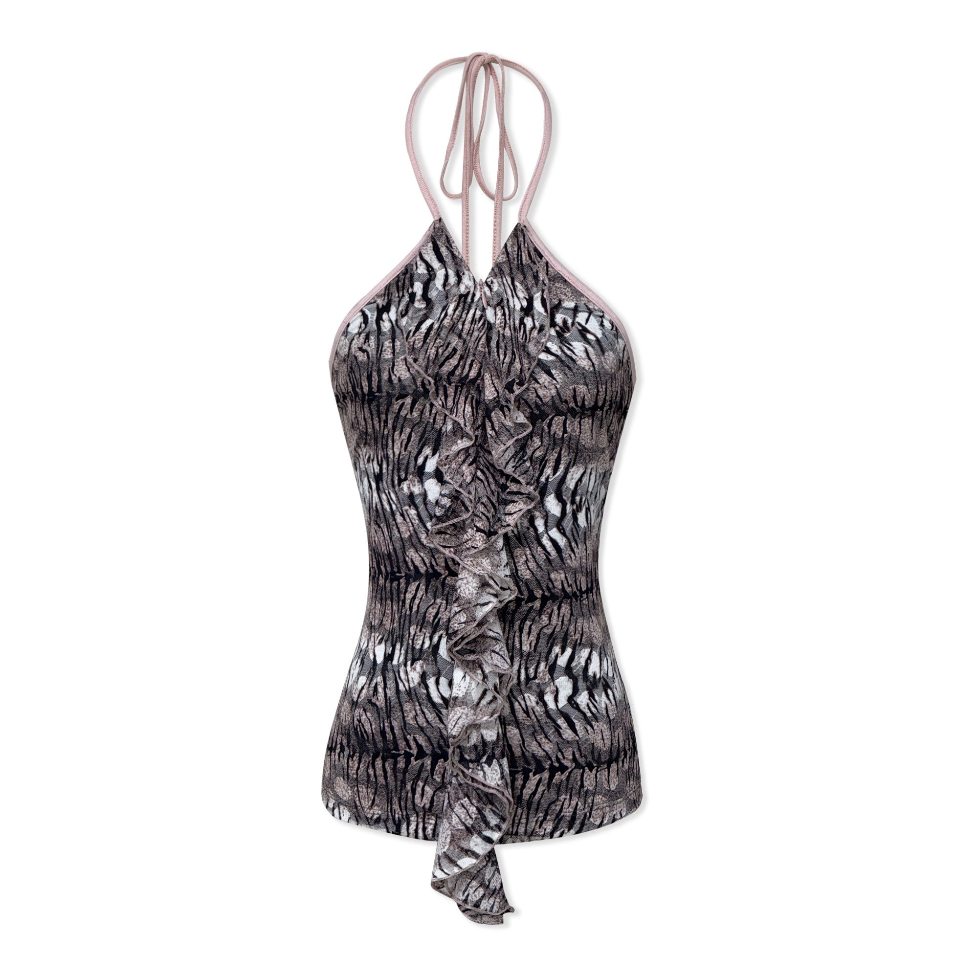 kvkv_Pink_Leopard_Print_V-neck_Ruffle_Slim_Fit_Women&