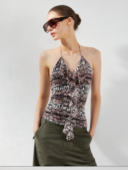kvkv Pink Leopard Print V-neck Ruffle Slim Fit Women&