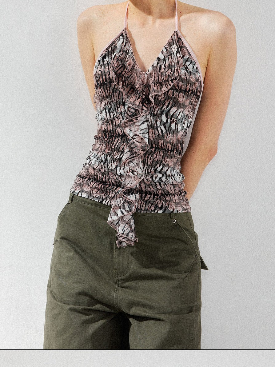 kvkv Pink Leopard Print V-neck Ruffle Slim Fit Women&