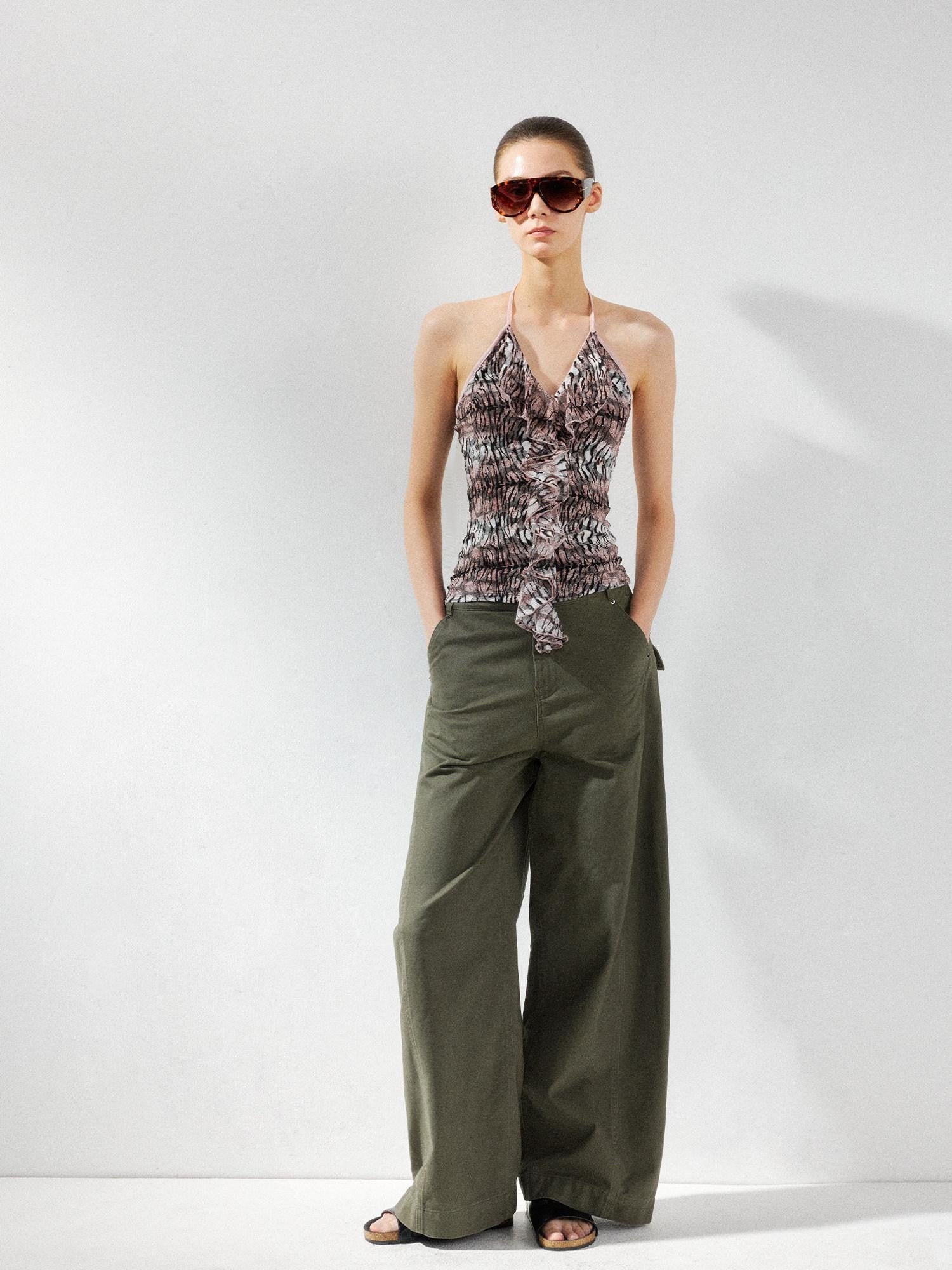 kvkv Pink Leopard Print V-neck Ruffle Slim Fit Women&