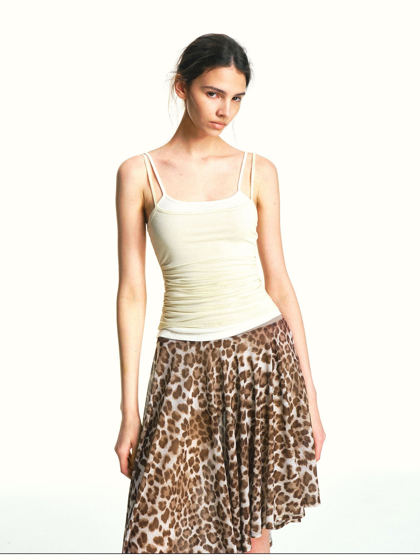 kvkv Pleated Mesh Spliced Faux Two Piece Adjustable Women&