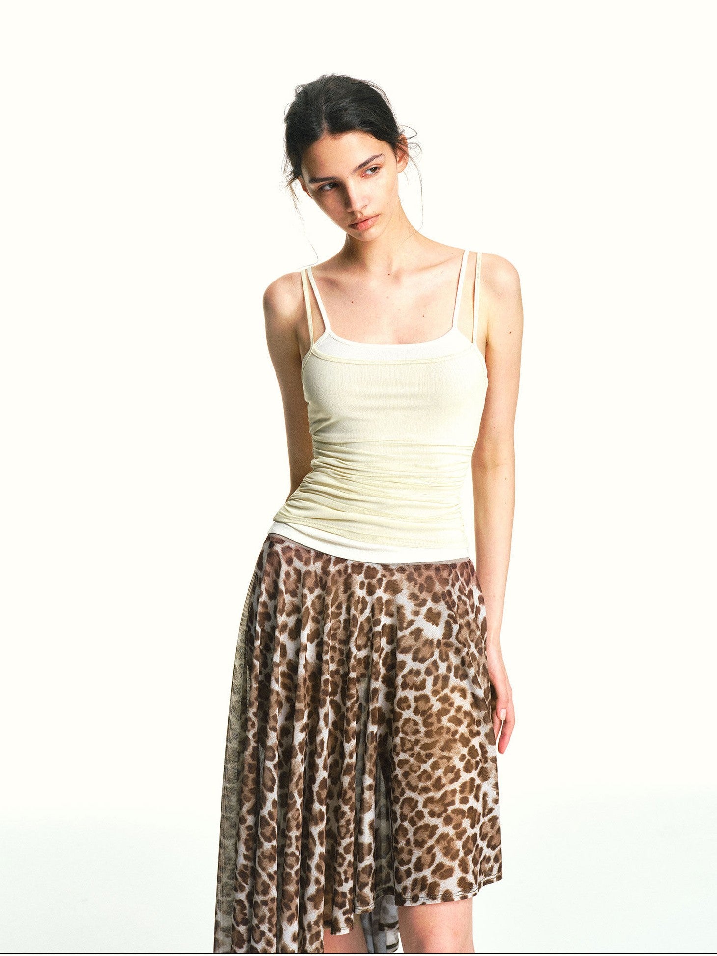 kvkv Pleated Mesh Spliced Faux Two Piece Adjustable Women&