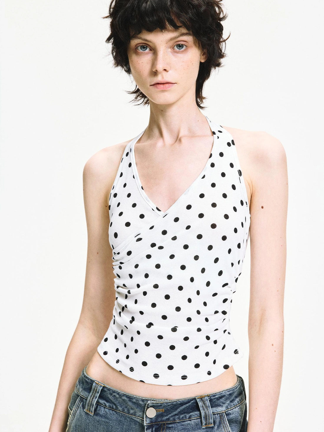 kvkv Polka Dot Halter Neck Crossover Back Cami Top