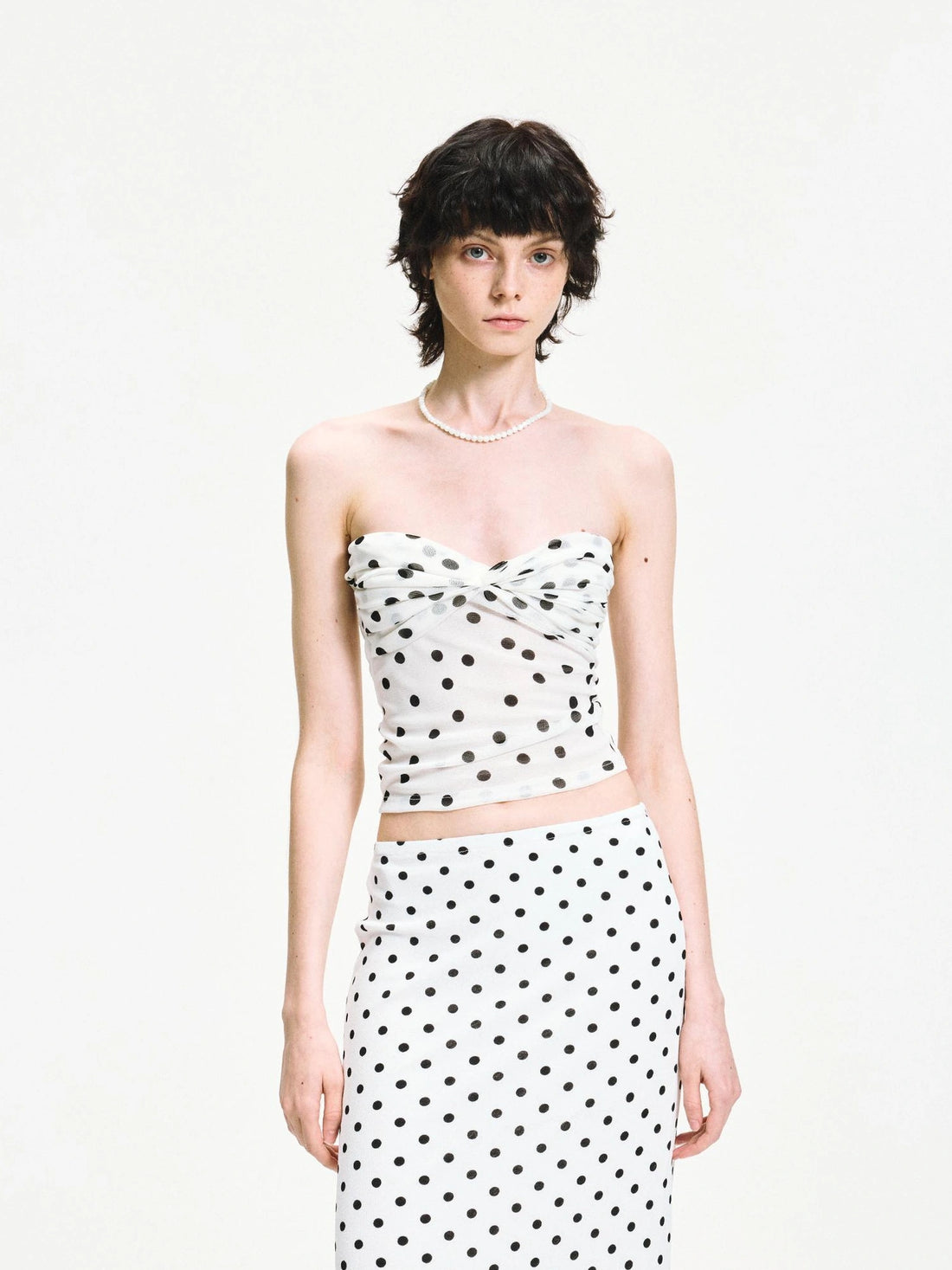 Polka Dot Mesh Twist Wrap Corset Top