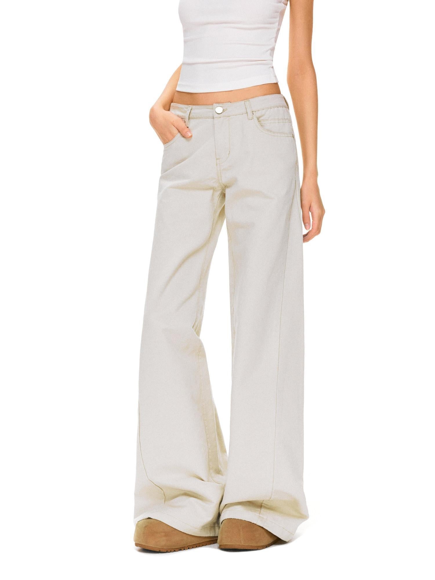 kvkv Pure Cotton Vintage Loose Micro Flare Natural Waist Women Apricot Pants