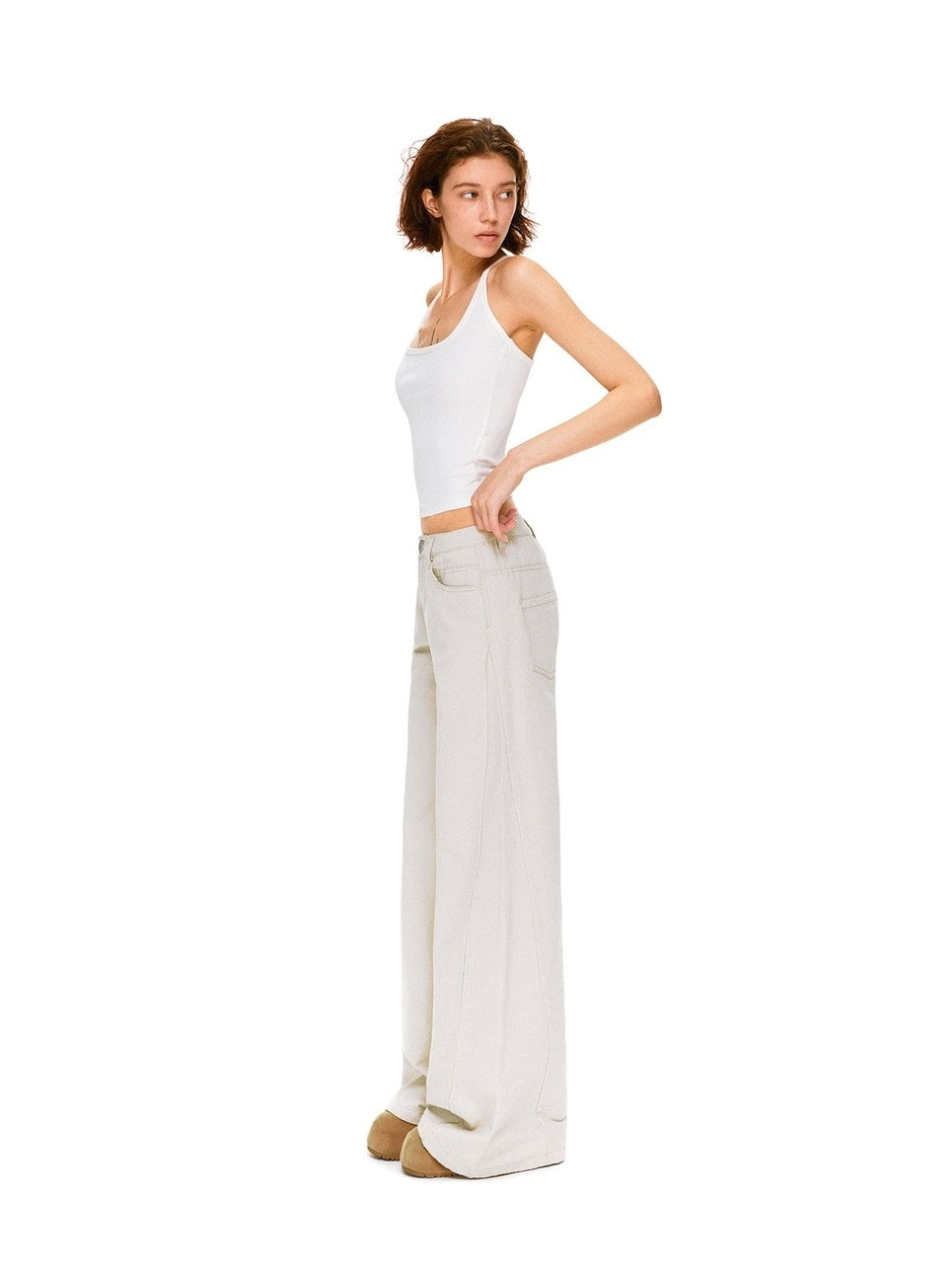 kvkv Pure Cotton Vintage Loose Micro Flare Natural Waist Women Apricot Pants