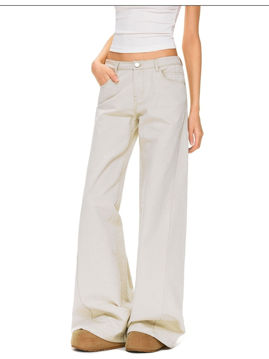 kvkv Pure Cotton Vintage Loose Micro Flare Natural Waist Women Apricot Pants
